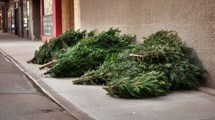 Discarded Christmas trees piled on the sidewalk after holidays, waste and recycling concept.