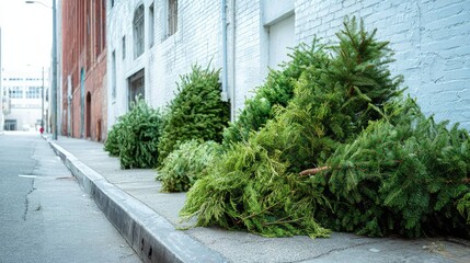 Pile of old Christmas trees on city street, post-holiday cleanup and environment theme.