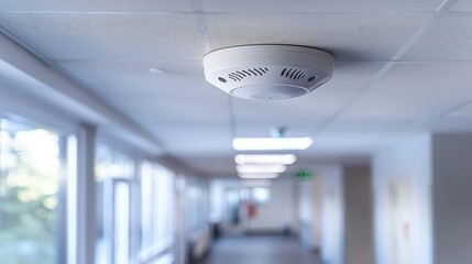 Working smoke detector mounted on ceiling, home fire safety and alarm system concept.
