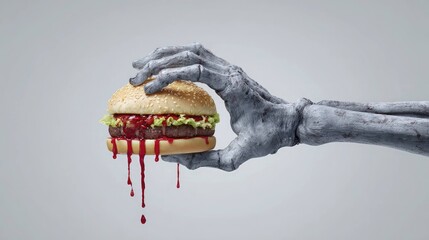 Creepy gray zombie hand with pizza slice, horror snack illustration.