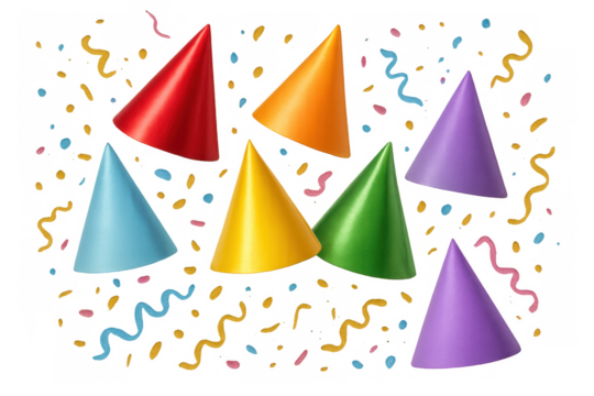 Colorful party hats and falling confetti, streamers celebrating a festive birthday or holiday event on transparent background - Powered by Adobe