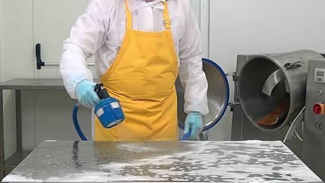 A worker wearing protective gear uses a blue sprayer to apply soapy foam to a stainless steel table. Next to it, a large metal tumbler sits open, implying food production in the Industry.