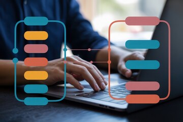 Hands typing on laptop with digital interface overlay showing data flow and chat bubbles