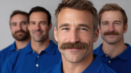 team mustache photoshoot, sports team or colleagues in matching shirts displaying various mustache styles in a professional studio, emphasizing details