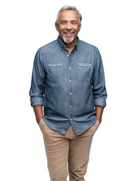 Full body view of older smiling Hispanic man, casually dressed and hands in pockets, isolated on white or transparent background