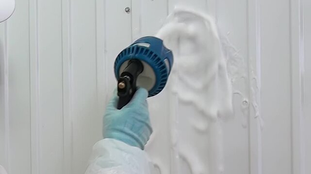 Foam is sprayed onto industrial walls, which are then cleaned by a person wearing protective gear. This process removes dirt, grime, and other impurities, ensuring a safe and hygienic workspace.