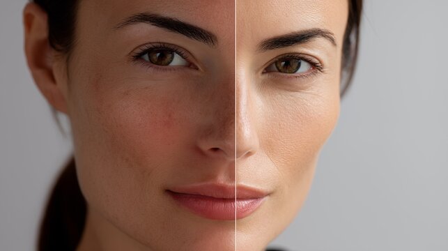 Close up of woman face showing skin before and after cosmetic treatment, facial skincare and whitening cream result comparison