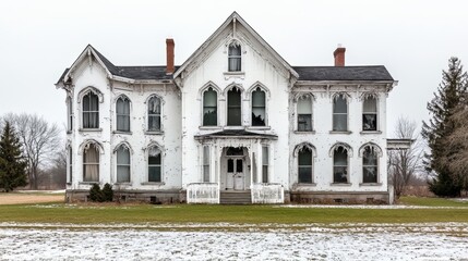 Large, old white house with a lot of windows and a porch. The house is in a snowy field