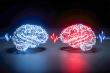 Digital illustration of two glowing brains connected by a heartbeat line in contrasting blue and red colors symbolizing neural communication and brain activity