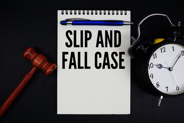 Slip and Fall Case text written on notepad with gavel and alarm clock on black background