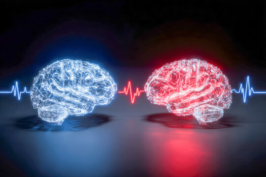 Digital illustration of two glowing brains connected by a heartbeat line in contrasting blue and red colors symbolizing neural communication and brain activity