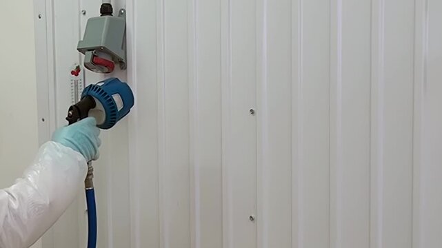 Inside a bright food processing plant, a worker in a clean suit and gloves uses a sprayer to sanitize a wall early in the morning. Hygiene and safety are top priorities in food production.