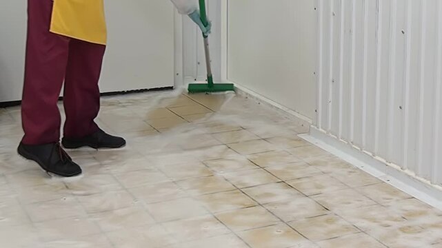 Person in maroon pants, yellow apron, and blue gloves uses green squeegee to clean tiled floor of white-walled kitchen on ship during daytime, removing spills and creating spotless surface.