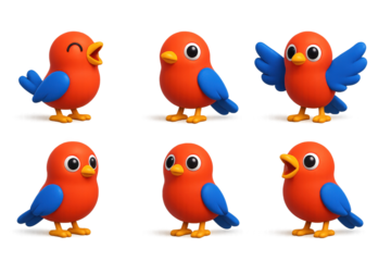 Vivid Bird Icons. 3D icon set of bird expressions: singing pose, listening tilt, wings spread, perched calmly, looking up, calling
