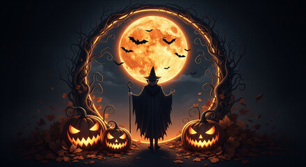 Mysterious Witch Silhouette with Staff Under Orange Full Moon at Halloween Night