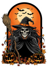 Happy Halloween Night Greeting with Spooky Jack-o'-Lantern and Witch Hat