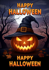 Spooky Skeleton Witch Mascot with Broom and Jack-o'-Lanterns Halloween Poster
