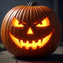 Close-up of Scary Jack-o'-Lantern Face with Evil Glowing Smile for Halloween
