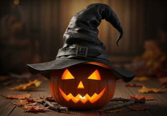 Spooky Jack-o'-Lantern with Witch Hat on Rustic Wood Floor with Fall Leaves