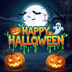 Happy Halloween Night Background with Spooky Ghost, Pumpkins, and Slime Text