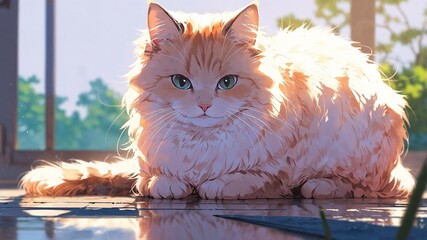 Fluffy cat lounging peacefully on a shiny floor in a sunny room with plants in the background