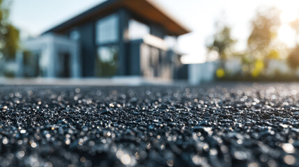 Fototapeta premium Modern house with a textured asphalt driveway and sunlight glowing in the background