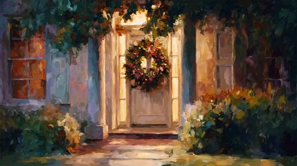 Fototapeta premium Cozy home entrance with festive wreath and warm evening light 