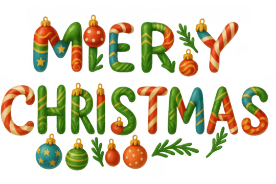 Merry christmas text forming an illustrated festive greeting, decorated with colorful candy cane stripes and hanging ornaments - Powered by Adobe
