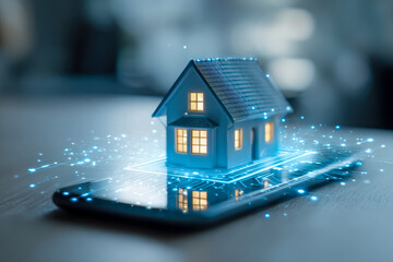 Digital concept of smart home technology with glowing miniature house model emerging from smartphone screen surrounded by futuristic interface lights and circuits