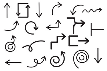 Arrow vector icon set hand drawn arrows in up down and curve shapes chalk texture style simple sketch lines vector illustration.