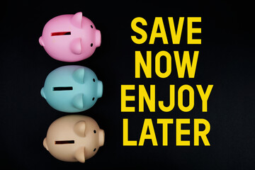 Save Now Enjoy Later  text with piggy bank on black background