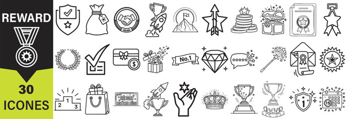 A grid of 30 hand-drawn reward and achievement icons presented in a distinctive silhouette style.