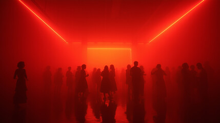 People gathering in a smoke-filled red room, illuminated by intense neon light creating an immersive atmosphere