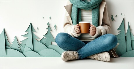 Woman sits crosslegged, enjoying warm drink. Paper trees create cozy winter scene. Calm, peaceful moment captured.