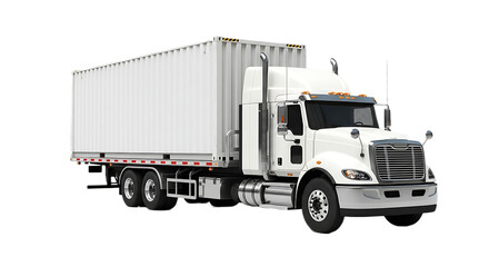 A white semi truck with a trailer isolated on a black background in a studio shot image