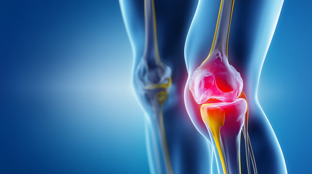 Detailed view of the human knee joint showing inflammation and pain areas during a medical examination Generative AI