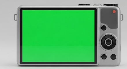 Back view of a silver digital camera with a bright green screen display, isolated on a white background, ready for chroma key editing.