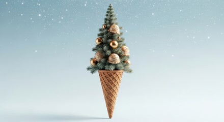 Festive ice cream cone christmas tree with snowflakes and ornaments