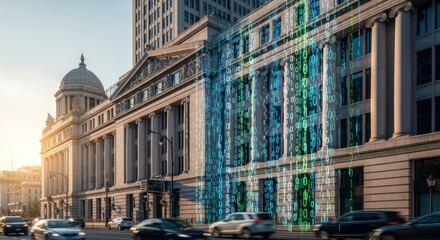 Futuristic cityscape with digital overlay on classical buildings at sunset