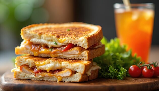 Two stacked grilled chicken and cheese panini sandwiches with melted mozzarella cheese are served with fresh lettuce tomato salad and orange juice drink.