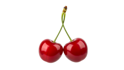 Two vibrant red juicy cherries connected by stems, a healthy organic fruit isolated on a transparent background