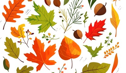 Hand drawn large scale vector set of assorted vibrant autumn leaves including rowan, acorn and chestnut in a mix of warm earthy tones and rich colors, presented as a trendy illustration with a flat de