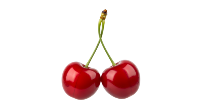 Two vibrant red juicy cherries connected by stems, a healthy organic fruit isolated on a transparent background