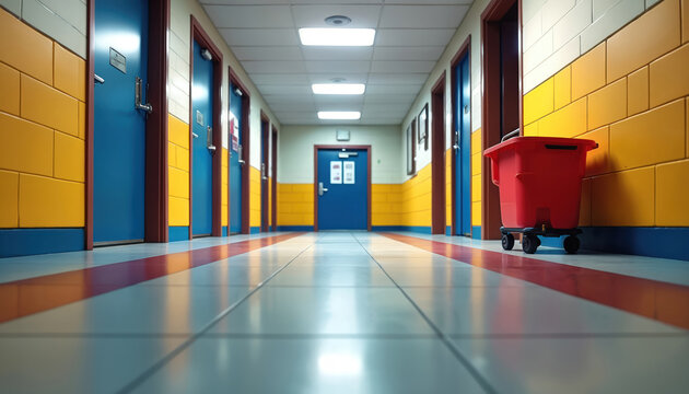 School hallway with blue doors, yellow lockers, and a red cleaning cart. Empty corridor after hours. Maintenance staff prepares for nightly cleaning routine. Education facility needs upkeep.