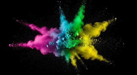A vibrant explosion of colored powder—pink, blue, green, and yellow—bursts against a black background, capturing the dynamic energy, creativity, and beauty of motion in a stunning visual spectacle.

