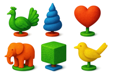 Decorative Topiary Icons. 3D icon set of decorative topiary forms: peacock-shaped hedge, spiral cone, heart-shaped bush, elephant