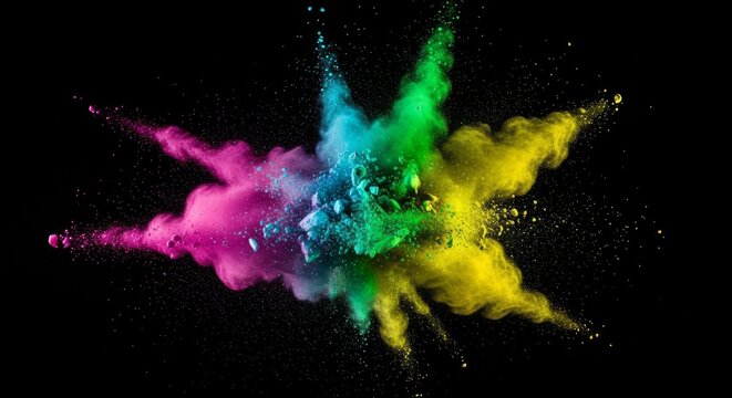 A vibrant explosion of colored powder—pink, blue, green, and yellow—bursts against a black background, capturing the dynamic energy, creativity, and beauty of motion in a stunning visual spectacle.