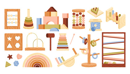 Set of wooden educational toys for kids. Baby toys for motor skills activities and early learning development. Sorter, abacus.Vector illustration in cartoon style. Isolated background
