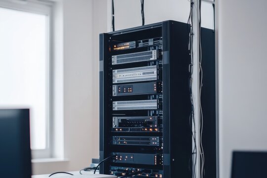 Modern data center rack with multiple servers and active network connections