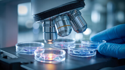 Scientific research in a laboratory with a microscope analyzing samples in petri dishes held by gloved hand under blue ambient lighting for clinical studies